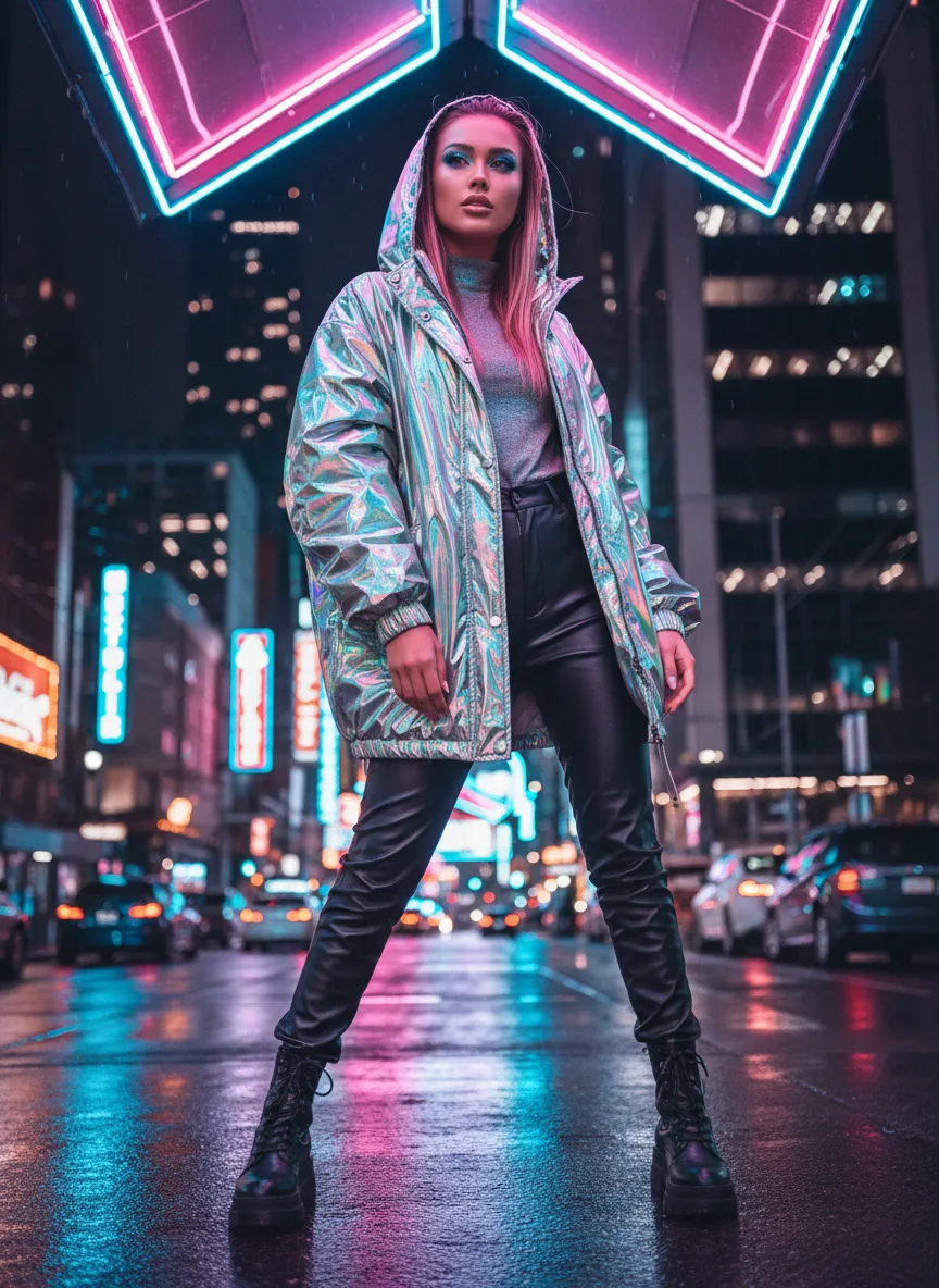 A woman in a holographic jacket under neon lights
