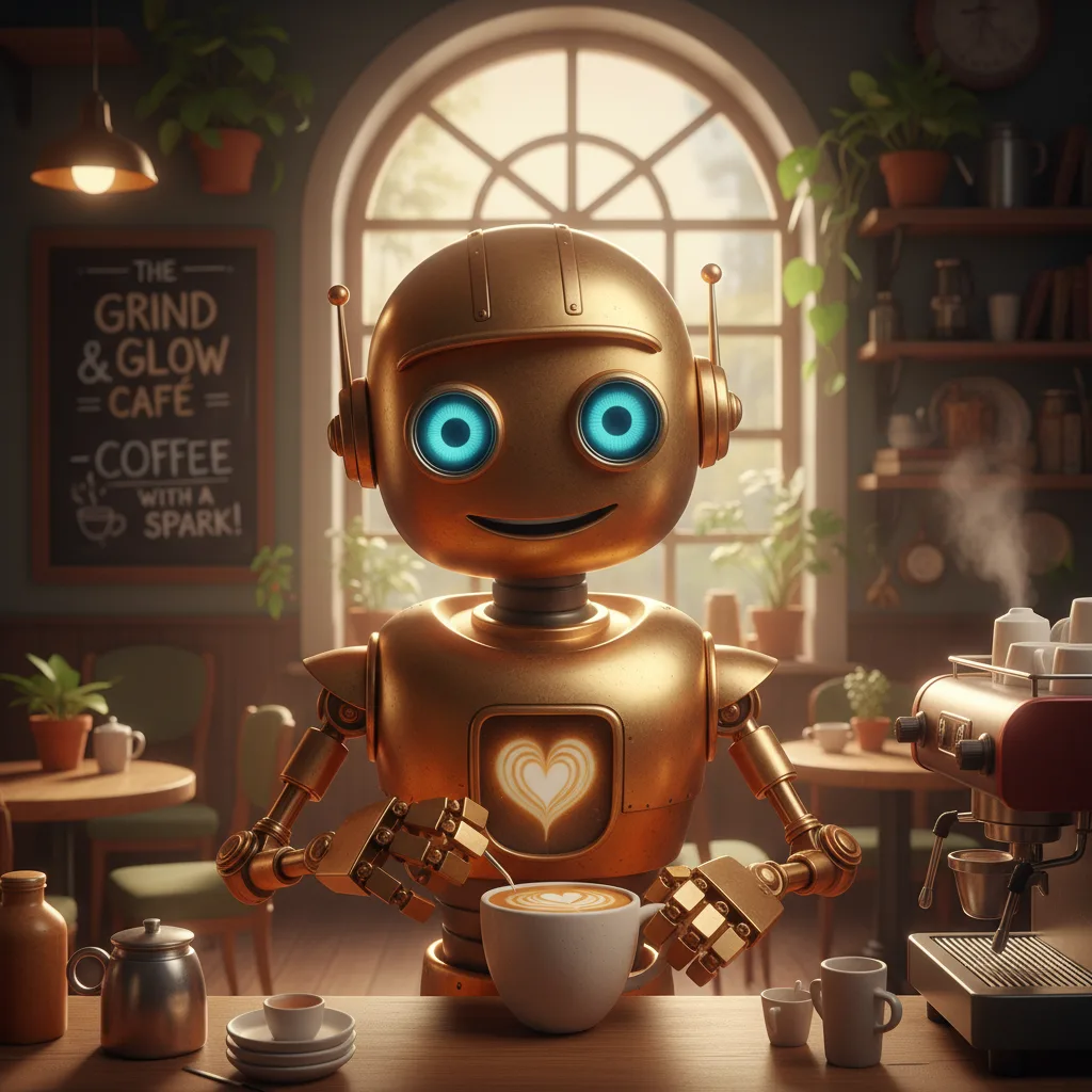 A Pixar-style robot barista character