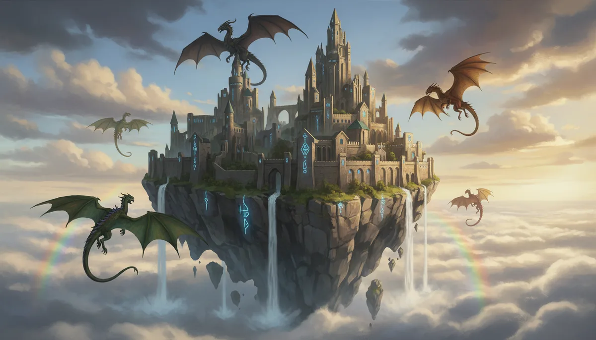 A floating fantasy castle with dragons