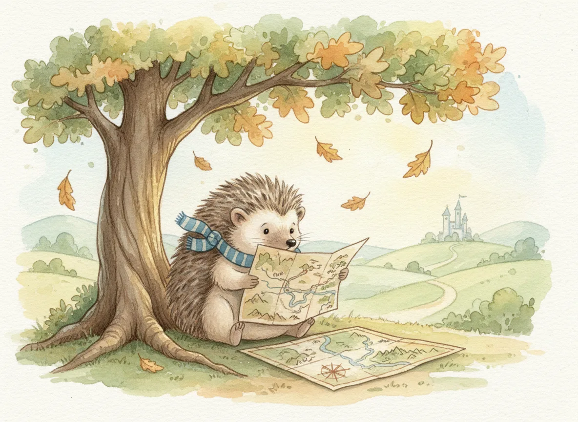 A watercolor hedgehog reading a map, made in the image studio