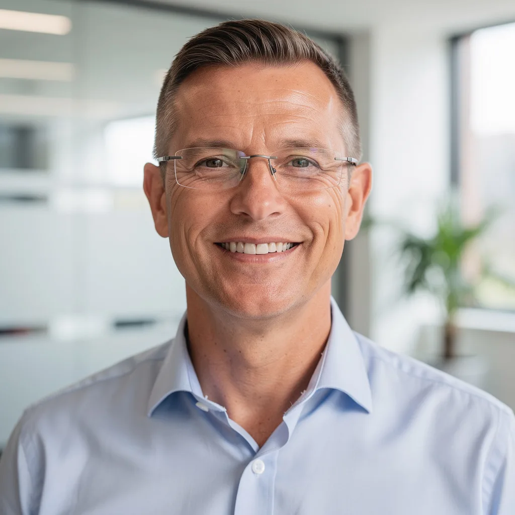 Photorealistic headshot of a smiling man with glasses in a bright office