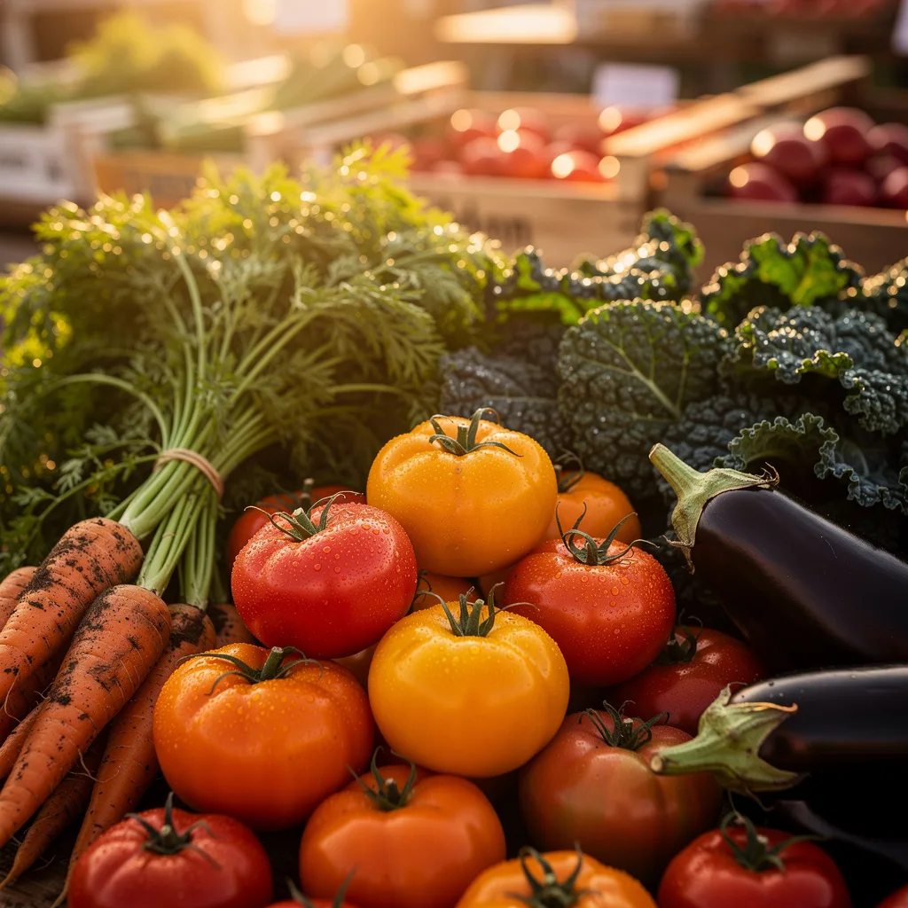 Close-up of fresh vegetables at a farmers market with morning light