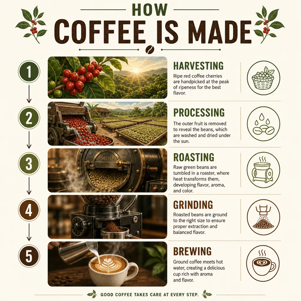 Infographic poster titled 'How Coffee Is Made' with five illustrated steps and clear labels
