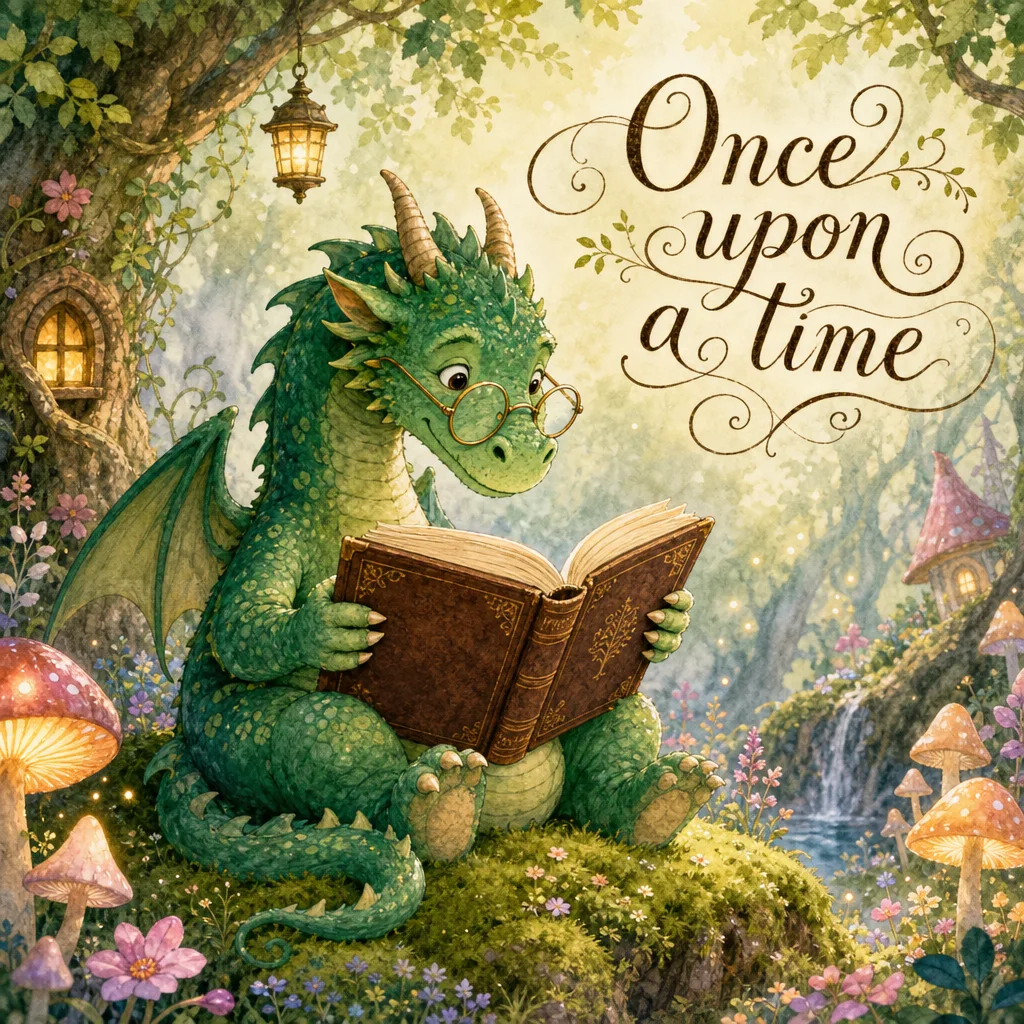 Children's book page with the text 'Once upon a time' and a dragon reading a book