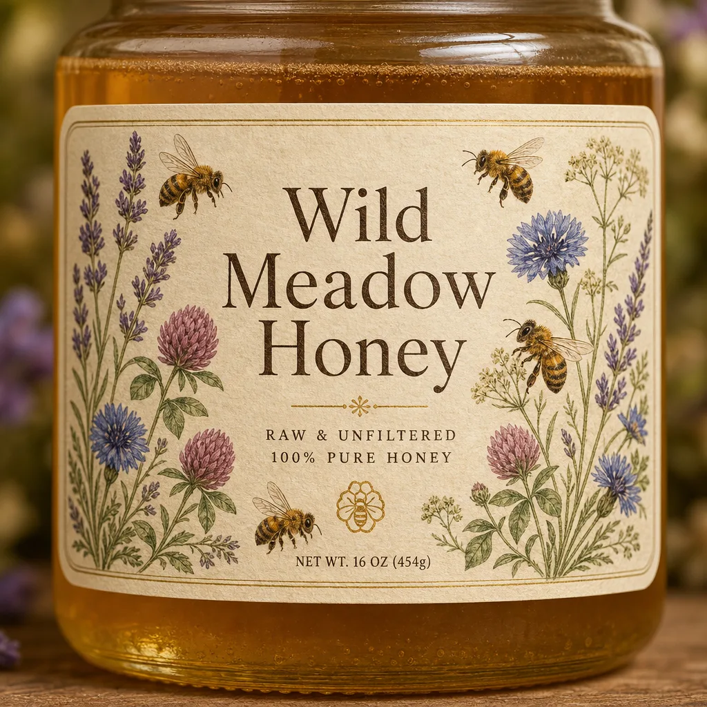 Product label for a honey jar reading 'Wild Meadow Honey' with bee illustrations