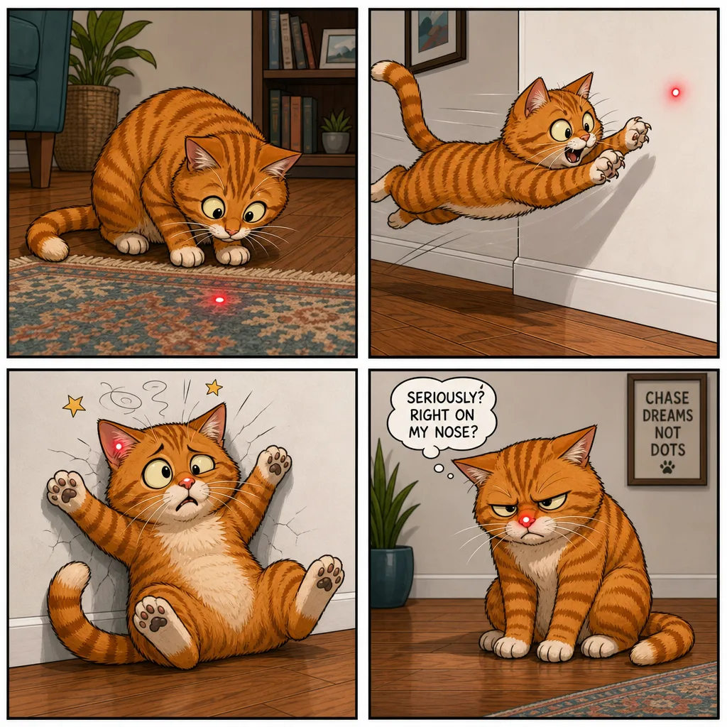 Comic strip of four panels where a cat tries to catch a laser dot