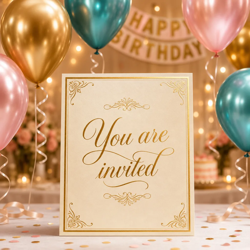 Birthday invitation card with the words 'You are invited' and balloons