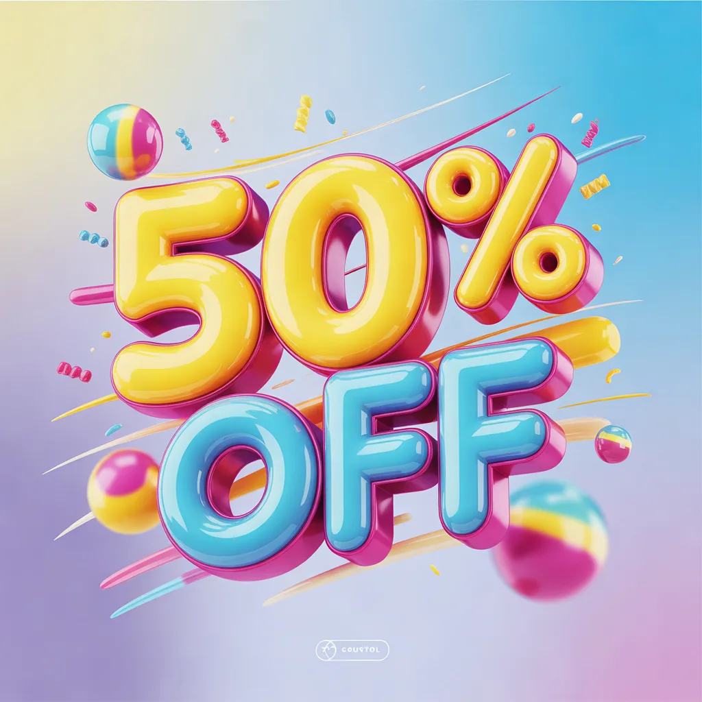 Sale banner with the text '50% OFF' in playful 3D letters