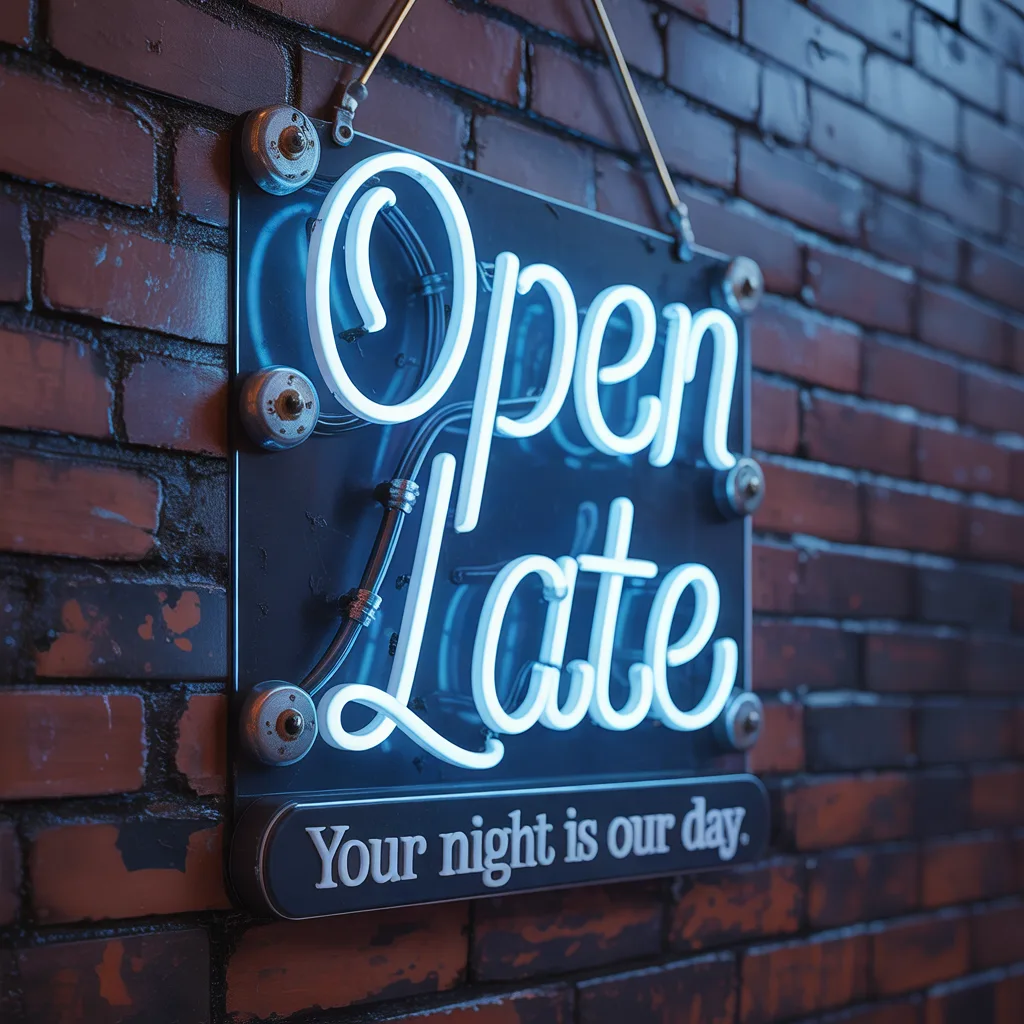 Neon sign that says 'Open Late' on a brick wall