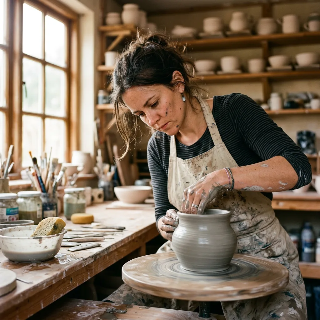 Portrait of a ceramic artist at her pottery wheel