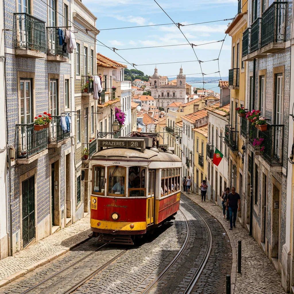 Photo of a red tram on a hillside street in Lisbon