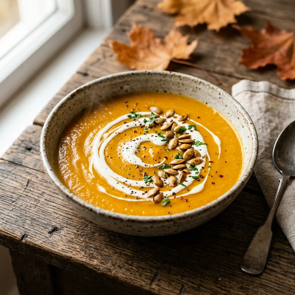 Cozy bowl of pumpkin soup with seeds and cream swirl on a wooden table