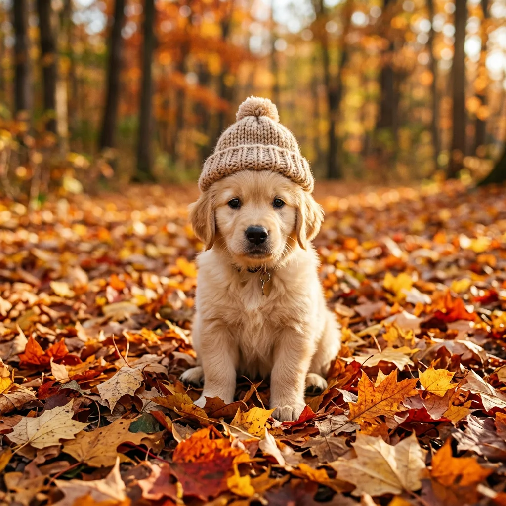 Golden retriever puppy wearing a tiny knitted hat sitting in fallen leaves