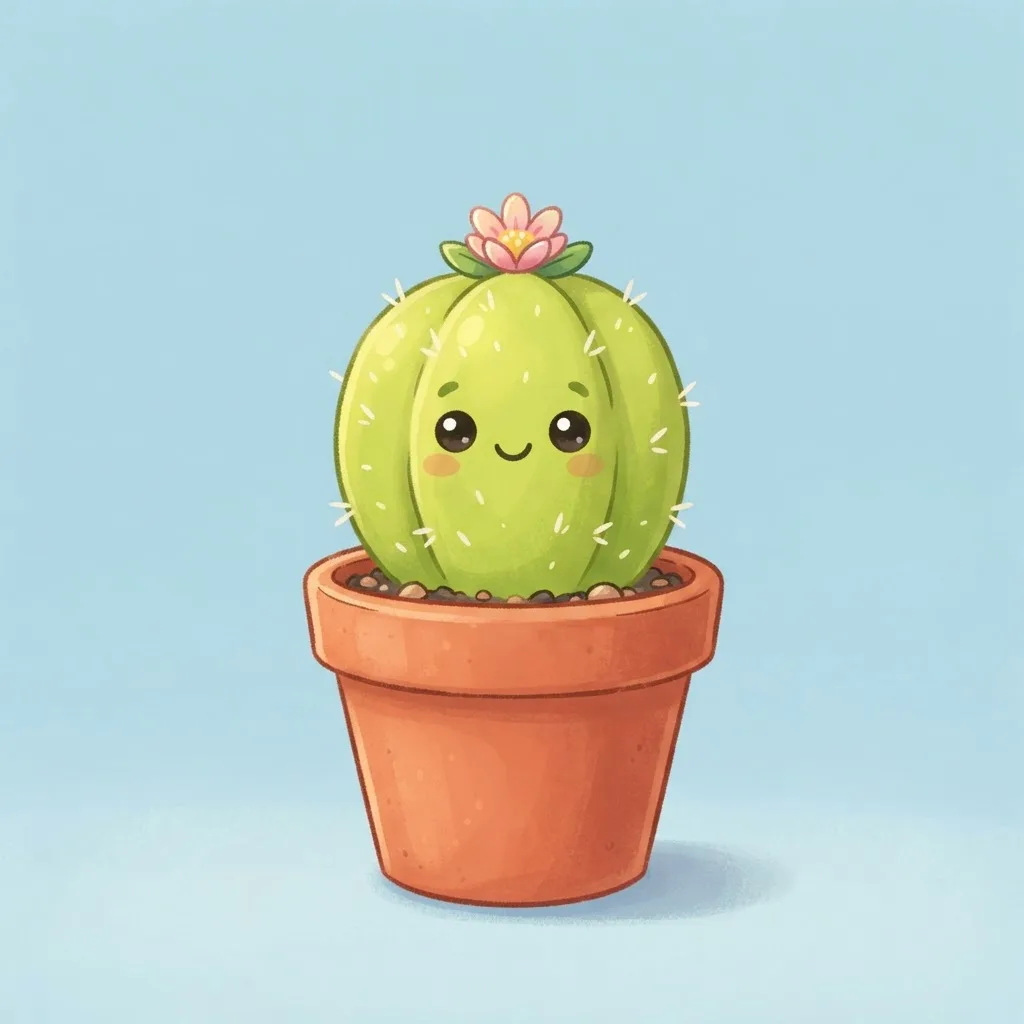 Cute cartoon cactus in a pot with a tiny flower