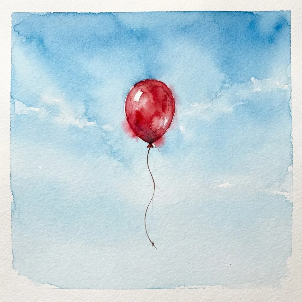 Watercolor of a single red balloon in a blue sky