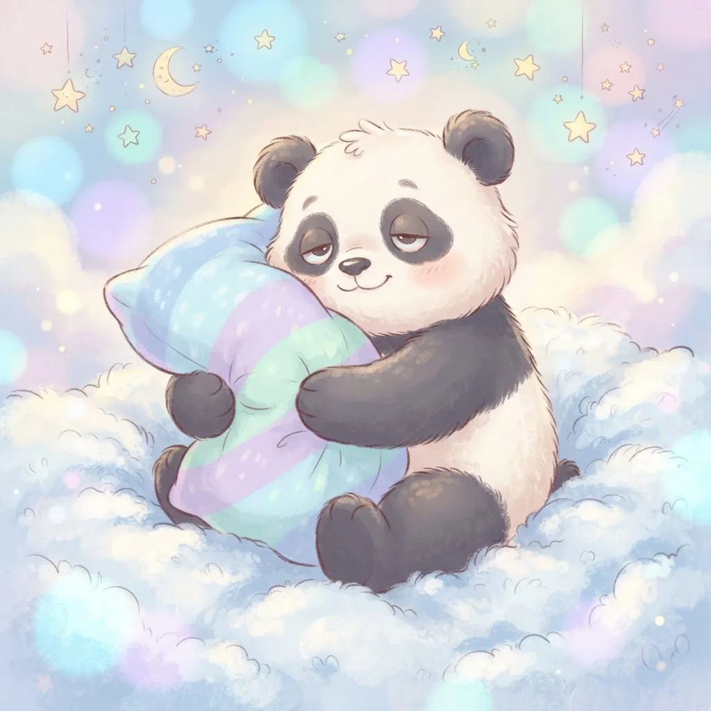 Pastel cartoon of a sleepy panda hugging a pillow