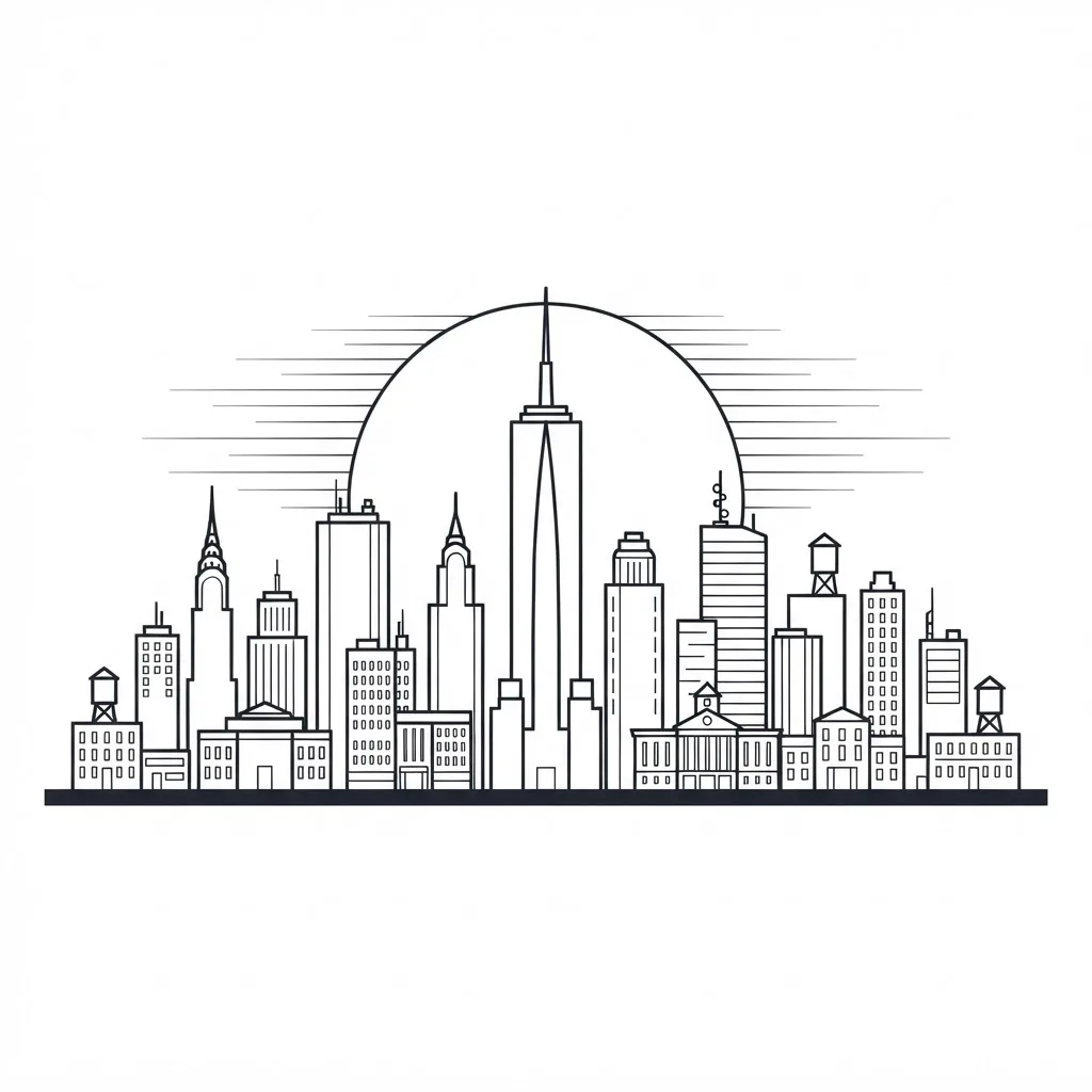 Simple line art of a city skyline at sunset
