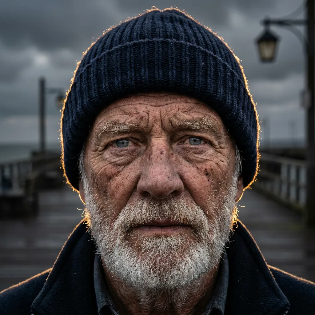 Highly detailed portrait of an old sailor with a white beard and weathered skin
