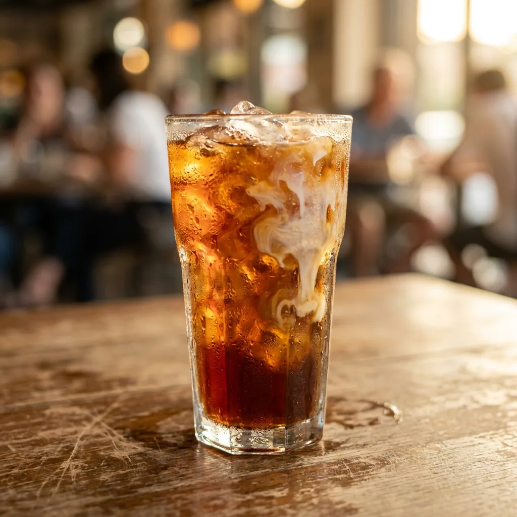 Hyperrealistic glass of iced coffee with condensation droplets on a cafe table
