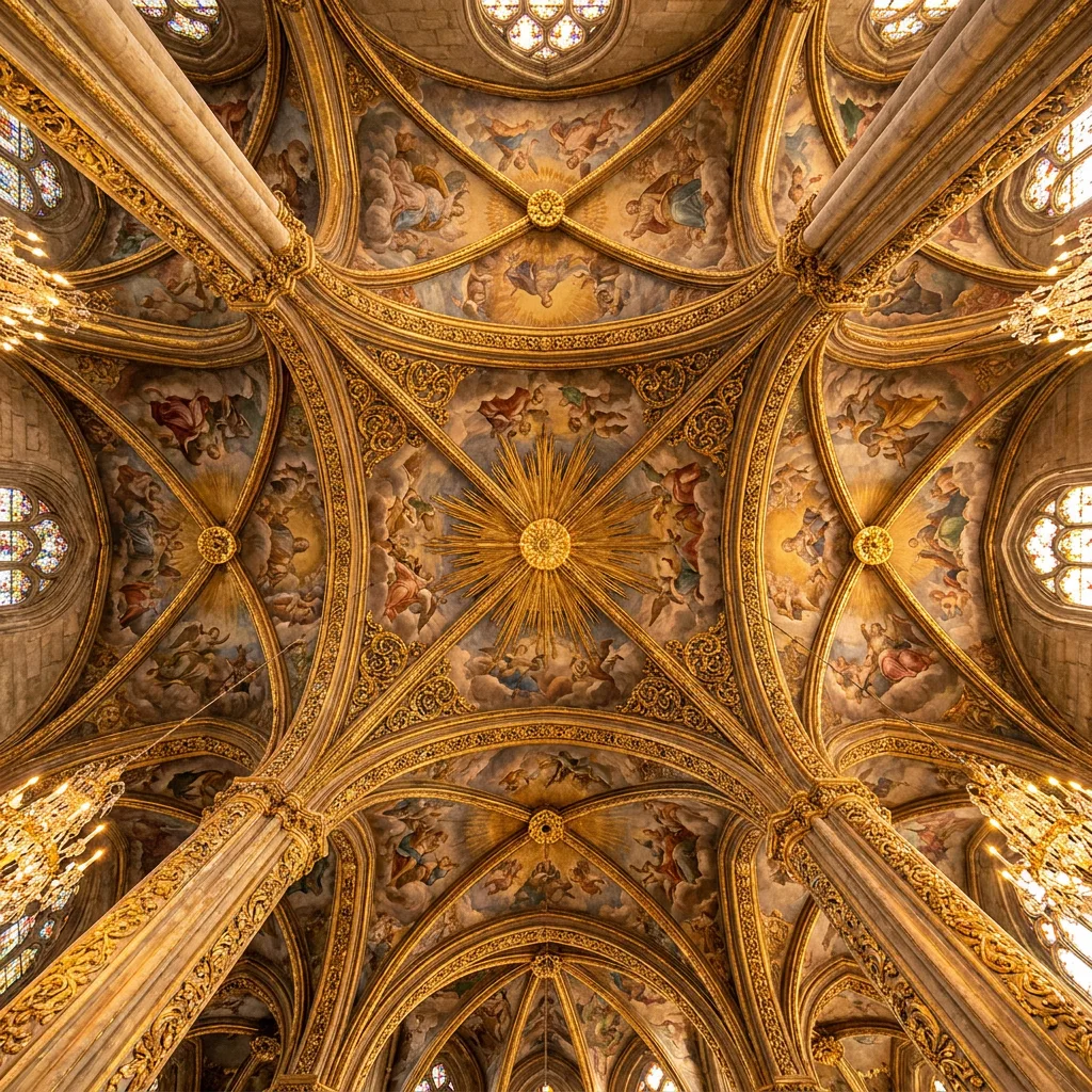Ornate cathedral ceiling with frescoes and gold details