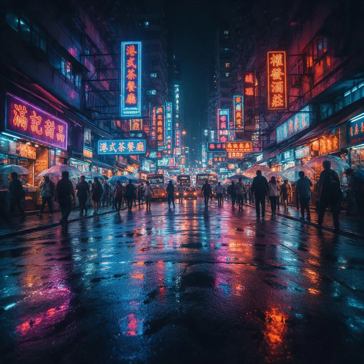 Neon-lit Hong Kong street at night with rain reflections