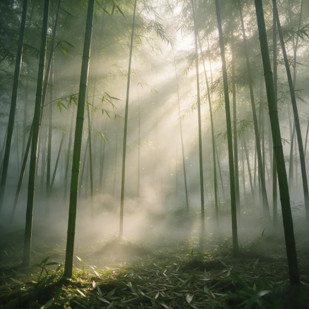 Ethereal bamboo forest with morning mist and light rays
