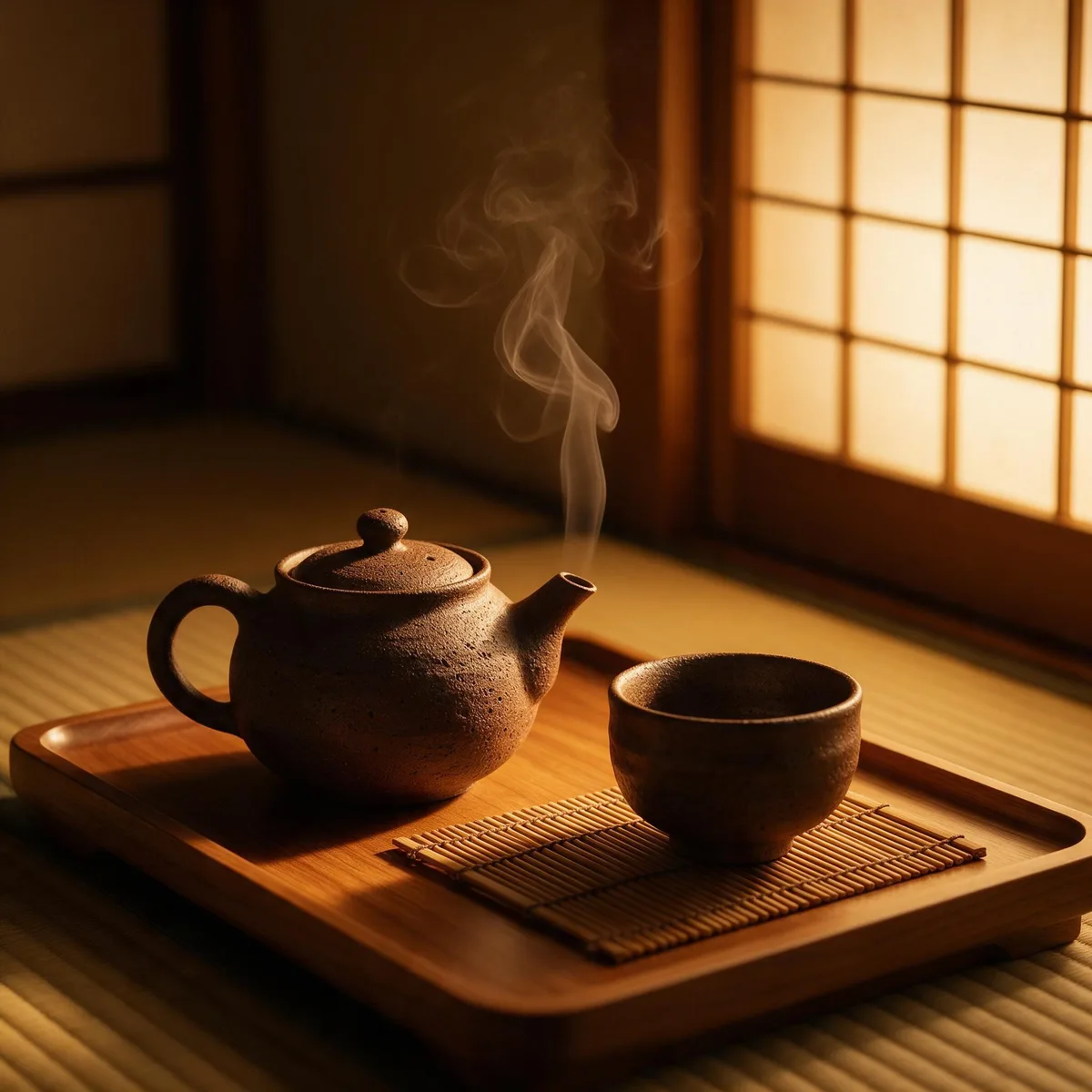 Traditional tea ceremony with a ceramic teapot and steam